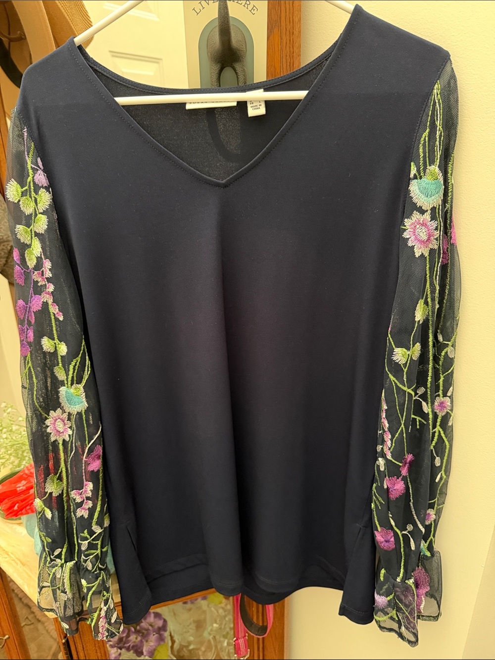 Susan Graver Navy V‑Neck Top with Embroidered Mesh Floral Sleeves